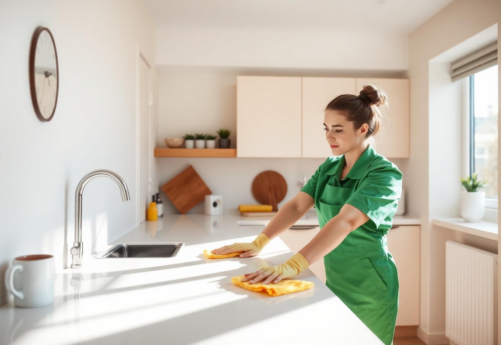 Professional AkinClean cleaner tidying a modern Sheffield kitchen